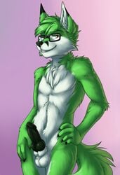 animal_genitalia animal_penis anthro balls black_penis canine canine_penis digital_media_(artwork) erection eyewear fox fur glasses green_fur knot looking_at_viewer male male_only mammal nude penis pinup pose shadownight smile solo tigerinspace white_fur