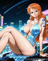 ai_generated breasts breasts brown_eyes car dress nami nami_(one_piece) nsfw one_piece orange_hair