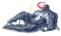 1boy bara black_skin blackmonster cum cumshot ejaculation erection humanoid lying male male_only marvel marvel_comics masturbation muscles orgasm smooth_skin solo spider-man_(series) venom venom_(marvel) yaoi