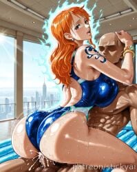 ai_generated apartment breasts breasts brown_eyes nami nami_(one_piece) nsfw one_piece orange_hair swimsuit vaginal_penetration
