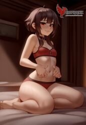 1girls 2d ai_generated ass back bare_shoulders barefoot big_ass bra brown_hair collar erophoenix female female_focus full_body kono_subarashii_sekai_ni_shukufuku_wo long_hair looking_at_viewer megumin pale_skin pale_skinned_female panties patreon_username red_eyes short_hair sitting small_breasts smile soles solo thick thick_thighs uncensored underwear