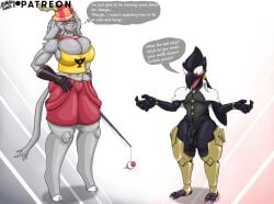 anthro antlers avian balls big_breasts bird black_body black_feathers blush bottomless breasts cleavage cleavage_overflow clothed clothing duo feathers female fishing_rod fyskari genitals gloves handwear hi_res horn jackalope lagomorph larger_female male mammal penis pizzaozzy_(artist) pseudoregalia size_difference smaller_male speech_bubble sybil_(pseudoregalia) tackle_(the_big_catch) the_big_catch thick_thighs thought_bubble
