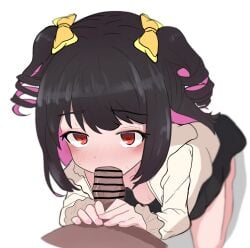 1boy bar_censor black_hair black_skirt blurry blush bow breasts censored commentary_request dark-skinned_male dark_skin depth_of_field drill_hair fanged_bangs fellatio female frilled_sleeves frills from_above from_side hairbow long_sleeves looking_at_viewer looking_up multicolored_hair multiple_hair_bows oral original penis perspective pink_nails pov pov_crotch red_eyes scarfy_(scarfy_chang) short_twintails simple_background skirt streaked_hair sweat twintails white_background