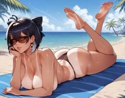 ai_generated ass ass_focus beach beach_towel black_bikini black_hair farmer's_tan mirror_image sexy sunglasses sunset suntan tinted_eyewear