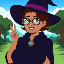 1girls ai_generated arcane breasts brown_hair brown_skin female female_focus female_only forest happy league_of_legends looking_at_viewer outdoors outside safe safe_for_work short_hair sky_young smile solo solo_female solo_focus v v_sign witch witch_costume witch_hat