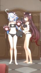2girls 3d ass blue_eyes blue_hair bra brown_hair cat_ears cat_lingerie cat_paws choker full_body furina_(genshin_impact) genshin_impact glasses hu_tao_(genshin_impact) lingerie neko one_eye_closed panties partially_nude petite posing round_glasses sansonnsfw sexy short_hair shy small_breasts standing thighs twintails white_hair