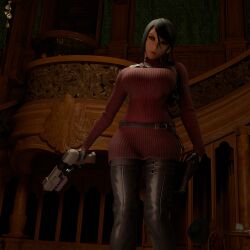 3d 3d_(artwork) 4k ada_wong black_hair blue_eyes capcom cosplay huge_breasts looking_at_viewer nintendo resident_evil samus_aran super_smash_bros. thighhighs wide_hips