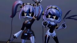 2girls asfr bob_cut bobcut business_attire business_woman disassembly_drone female female_only glitch_productions grey_hair j_(murder_drones) jacket living_trophy murder_drones no_genitals petrification pigtails rifle robot robot_girl robot_humanoid silver_hair statue v_(murder_drones) wholesome yellow_eyes
