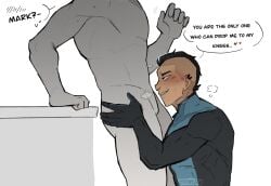 anonymous_male blush clothed clothing dialogue duo faceless_male invincible invincible_(comics) invincible_(superhero) invincible_(tv_series) male mark_grayson mohawk mohawk_(hairstyle) mohawk_mark open_mouth piercing smile speech_bubble submissive submissive_male suit sweat