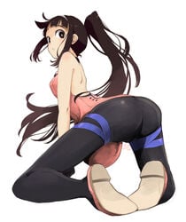 arched_back ass black_legwear cameltoe character_request copyright_request female female from_behind io_naomichi kneeling leaning_forward looking_back ponytail simple_background skin_tight solo white_background