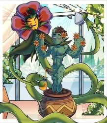 alternate_universe ass balls blush cactus circumcised erection flower flower_in_hair gay gigi_(xiaolin_showdown) greenhouse jack_spicer jar lean_muscle legs_together looking_at_partner male male_only nipples pecs penis plant_humanoid potted_plant standing unusual_cum watering_can xiaolin_showdown yaoi yuunsfw