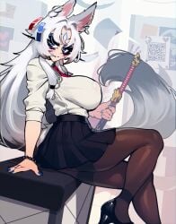 animal_humanoid big_breasts black_bottomwear black_clothing black_footwear black_high_heels black_legwear black_pantyhose black_skirt blue_eyes blue_nails bottomwear bracelet breasts canid canid_humanoid canine canine_humanoid clothing collared_shirt colored_nails desk digital_drawing_(artwork) digital_media_(artwork) ear_piercing facial_markings female footwear fox_humanoid furniture hair head_markings hi_res high_heels holding_katana holding_melee_weapon holding_object holding_sword holding_weapon humanoid inner_ear_fluff jewelry katana legwear long_hair looking_at_viewer mammal mammal_humanoid markings melee_weapon nails necktie nipple_outline pantyhose piercing pleated_skirt qr_code sachiko sachiko2s school_uniform shirt shoes sitting_on_desk skirt solo sword table tail tailed_humanoid topwear tuft uniform weapon white_clothing white_hair white_shirt white_topwear