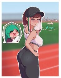 2girls brown_eyes brown_hair cap chilo_chan chilo_sports female green_hair kopi_chan leggings mexican_female spanish_text sports_bra suggestive suggestive_pose sweat