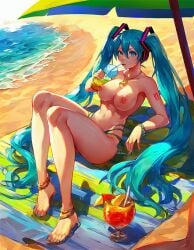 ai_generated anime anime_style beach beach_sex blue_eyes blue_hair breast_expansion breasts breasts_out coconut coconut_drink drink drinks famale_focus famele hatsune_miku i.a_mingotti long_hair long_tail sand sensual sexy sexy.ai sexy_body sexy_pose things white_skin woman