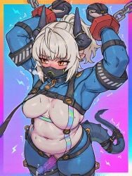1futa alternate_version_at_source alternate_version_available arknights blush bodysuit breasts caffichai futanari horns leash liskarm_(arknights) mask penis pointed_ears precum precum_drip restrained skin_tight solo sweat tail thighs tummy weird_penis white_hair yellow_eyes