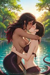 2girls ai_generated bikini black_hair blush closed_eyes dark_brown_hair embracing_each_other female/female female_only forest happy height_difference human_female human_on_monster_girl lamia large_breasts light-skinned_female long_hair loving_couple messy_hair monster_girl multicolored_hair navel purple_scales red_highlights ripples river romantic short_hair snake_girl snake_tail sunny tan_skin trees wholesome_nudity yuri
