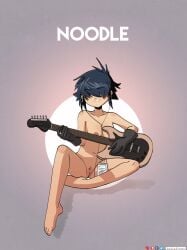 asian asian_female blue_hair breasts fully_nude gloves gorillaz guitar kt-draws noodle_(gorillaz) pubic_hair pussy smile toes