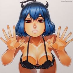 2025 ai_generated artist_name blue_hair bra breasts cleavage crazyfishbones female large_breasts looking_at_viewer red_eyes secre_swallowtail short_hair solo