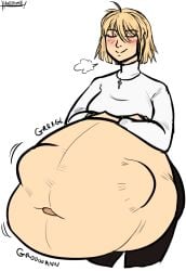 1girls ahoge arcueid_brunestud artist_request belly_focus blonde_hair blush enormous_belly handsome! huge_belly hyper hyper_belly melty_blood navel necklace pantyhose satisfied short_hair stomach_bulge stomach_deformation sweater tsukihime turtleneck_sweater vore vore_belly vore_bulge white_sweater