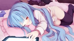 blue_hair blush female female hand_in_panties long_hair lying masturbation munipoyo on_side one_eye_closed panties solo tablet_pc