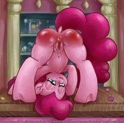 anus bent_over bondage candy clitoris earth_pony equine female food friendship_is_magic horse mammal my_little_pony navel one_eye_closed pinkie_pie_(mlp) pony presenting pussy smile smudge_proof spank_marks spanking straight_hair sugarcube_corner tears wet wink