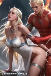 1boy ai_generated anal anus ass ass_focus breasts cum cum_drip cum_in_ass cum_in_pussy cum_inside daenerys_targaryen fanart female female game_of_thrones klexyai looking_at_viewer nipple nude open_mouth patreon pussy realistic spread_pussy stable_diffusion vagina