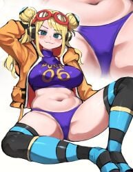 1girls bare_thighs belly_button big_breasts blonde_hair blue_eyes breasts chubby chubby_female coat crotch crotch_focus curvy eyebrows_visible_through_hair feet female female_only freckle freckles freckles_on_face full_body goggles goggles_on_forehead goggles_on_head hair_bun hand_behind_head high_resolution highres jacket kasumi6 knees large_breasts legs long_hair long_sleeves looking_at_viewer midriff navel one_piece purple_panties simple_background sitting smile solo spread_legs stomach thick_thighs thighs thong twin_buns vegapunk_york voluptuous white_background