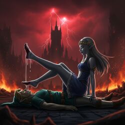 1boy 1boy1girl 1girl background blonde_female blonde_hair castle corruption defeated defeated_hero dominant dominant_female domination dress evil feet feet_licking feet_up female femdom foot_fetish foot_focus foot_lick foot_worship kissing link princess_zelda saliva saliva_drip saliva_on_tongue saliva_string saliva_trail sitting sitting_on_lap sitting_on_penis sitting_on_person sky submissive submissive_male zelda_(tears_of_the_kingdom)