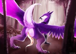 2018 anus arith_(arith_the_gryphon) arith_the_gryphon ass avian beak cum cum_drip dripping feathered_wings feathers feral forest fur gryphon looking_at_viewer looking_back male male_only outside penis purple_feathers purple_fur raised_tail rear_view solo tapering_penis tree twstacker wings