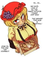 1futa big_breasts blonde_hair breasts censor_bar censored cleavage dick_in_a_box eddybird english english_text futa_only futanari huge_breasts large_breasts looking_at_viewer minoriko_aki penis penis_in_box prank red_eyes short_hair solo solo_focus solo_futa text touhou tricked