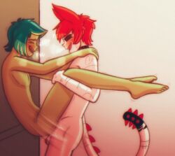 against_wall gay green_body green_hair hatchet_(hazbin_hotel) hazbin_hotel nathan_(zoophobia) red_hair solarlewds tail white_body zoophobia