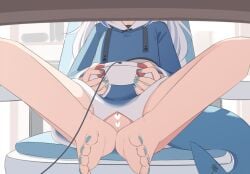 animal_costume animal_hood barefoot blue_hair blue_hoodie blue_nails bottomless censored cleft_of_venus commentary controller desk drawstring english_commentary feet female fins fish_tail foot_focus from_below game_controller gawr_gura gawr_gura_(1st_costume) grey_hair head_out_of_frame heart heart_censor highres holding holding_controller holding_game_controller hololive hololive_english hood hood_down hoodie indoors knees_apart_feet_together multicolored_hair naked_hoodie no_panties pussy shark_costume shark_girl shark_hood shark_tail sitting soles solo streaked_hair swivel_chair tail tenroy thighs toes virtual_youtuber