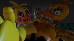 animatronic animatronic_female big_breasts double_paizuri five_nights_at_freddy's five_nights_at_freddy's_2 fnaf paizuri robot titjob titjob toy_chica_(fnaf) toy_freddy_(fnaf) watching withered_chica withered_freddy yellow_body