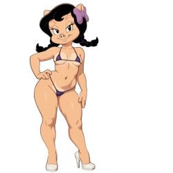 bikini black_hair hair hairbow high_heels looney_tunes petunia_pig pig porcine suid suina tan_lines tanline tanlines twintails unknown_artist white_shoes