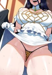 1girls ai_generated albedo_(overlord) big_breasts black_hair breasts female female_focus hips horns huge_breasts large_breasts leopard_print lifting_dress light-skinned_female mature_female overlord_(maruyama) thick_thighs thighs wide_hips wings yellow_eyes