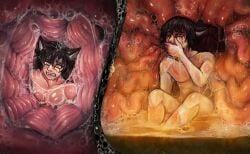 acid_burns acidic black_ears black_hair bodily_fluids hair hi_res humanoid inside_stomach male nude open_mouth pupils sitting slit_pupils solo stomach_acid tan_body tan_skin vore wounded yellow_eyes