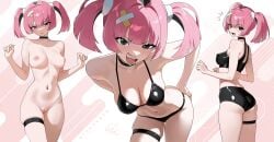 areolae bikini black_bikini coral_(pokemon) cowboy_shot female medium_breasts multiple_views nude otokakoto pink_hair pokemon pokemon_horizons pussy solo suprised