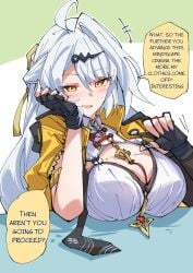 alternate_version_at_source blush english_text large_breasts looking_at_viewer pulling_clothing seductive_look tagme_(artist) talking_to_viewer yixuan_(zenless_zone_zero) zenless_zone_zero