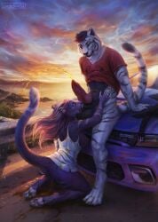 anthro ball_lick balls bodily_fluids clothing detailed_background duo felid female genital_fluids genitals hi_res kneeling knot knotted_penis licking lostgoose male male/female mammal oral pantherine peeing penis sex shirt sitting submissive submissive_anthro submissive_female tiger tongue topwear urine urine_on_face urine_on_ground urine_pool urine_stream watersports