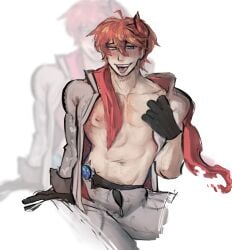childe_(genshin_impact) freckles genshin_impact horny kedrusha male male_only muscular no_nude penis_under_clothes pretty_boy tartaglia_(genshin_impact)