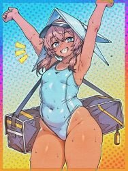 1girls arknights armpits blue_eyes caffichai female purestream_(arknights) small_breasts solo swimsuit thick_thighs thighs wet_skin