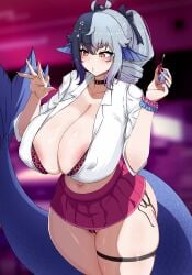 ahoge areola_slip areolae_slip areolae_visible_through_clothing background big_breasts big_breasts big_breasts black_and_white_hair black_hair blue_ears blue_tail blurred_background boobs_bigger_than_head breasts breasts breasts breasts_bigger_than_head choker collarbone color colored commission commission_art commissioner_upload distracted eyebrows_visible_through_hair eyelashes eyes_open fingernails fish_bone fishbone gyaru hair_ornament hair_ribbon indie_virtual_youtuber indie_vtuber large_boobs large_breasts large_tail large_tits leopard_print leopard_print_bikini leopard_print_bra leopard_print_panties long_hair looking_at_nails mermaid_ears mermaid_girl mermaid_tail midriff mini_skirt miniskirt multicolored_hair murmaider navel nipple_bulge nipples_visible_through_clothing open_eyes open_mouth open_mouth painted_fingernails painted_nails painting_fingernails painting_nails pink_leopard_print pink_nail pink_nail_polish pink_nails pink_skirt red_eyes rudeus_(steban_sharnak) scrunchie shirt skirt split-color_hair sweat sweatdrop sweating sweaty sweaty_breasts thick_tail thick_thighs thigh_band thigh_squish thigh_strap thighs tits_bigger_than_head virtual_youtuber vtuber vtuberfanart webbed_fingers webbed_hands white_hair white_shirt