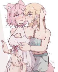 2girls animal_ears babydoll blonde_hair blue_eyes blush blushing breasts cleavage cleavage_cutout clothing_cutout commentary ear_blush female female_only fingering fingering_partner grabbing_another's_breast grabbing_from_behind green_shirt green_shorts groping hakui_koyori hand_on_another's_head highres hololive hzy_ka kazama_iroha lesbian lesbian_sex long_hair multiple_girls open_mouth parted_lips pink_babydoll pink_hair protected_link purple_eyes reach-around shirt short_hair shorts symbol-only_commentary tail tears_of_pleasure tongue tongue_out virtual_youtuber wolf_ears wolf_girl wolf_tail yuri
