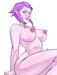 brawl_stars breasts fangs female female_only lilac_body mortis_(brawl_stars) mti rule_63 simple_background smiling_at_viewer violet_hair yellow_eyes