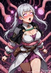 ahe_gao ai_generated bangs black_clover blush breasts capelet cleavage clothing dress female female grey_hair hair_ornament hair_ribbon heart hypnosis jousneystudio large_breasts legwear long_hair mind_control noelle_silva open_mouth pink_eyes pouch purple_eyes restrained ribbon rolling_eyes saliva skirt solo sweat tears teeth tentacle tentacle_sex thighs tongue tongue_out torn_clothes twintails