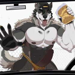 1:1 abs anthro bulge claws clothing digital_drawing_(artwork) digital_media_(artwork) erection eyebrows foreskin fur genitals glans hat headgear headwear hi_res looking_at_viewer male napples navel open_mouth pecs penis solo sponge tail teeth tongue tongue_out wolfybuns