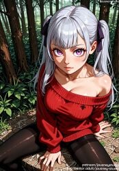 ai_generated bangs bare_shoulders black_clover black_legwear black_pantyhose black_ribbon blunt_bangs blush breasts brown_pantyhose clavicle cleavage closed_mouth clothing collarbone day dress female female female_only forest grass grey_hair hair_ornament hair_ribbon indoors jousneystudio large_breasts legwear long_hair long_sleeves looking_at_viewer medium_breasts nature noelle_silva off-shoulder_sweater off_shoulder outdoors pantyhose plant purple_eyes purple_ribbon red_sweater ribbon sitting solo spread_legs sweater sweater_dress thighband_pantyhose thighs tree twintails