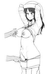 1boy 1girls abubu blush bra bra_lift breast_grab breasts female girls_und_panzer grabbing greyscale hat large_breasts monochrome murakami_(girls_und_panzer) navel necktie nipples panties panty_pull pubic_hair sweat underwear