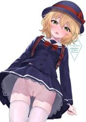 absurdres ass_visible_through_thighs backpack bag blonde_hair blue_dress blush bow commission dress female green_eyes hat hat_bow highres idolmaster idolmaster_cinderella_girls idolmaster_cinderella_girls_u149 long_sleeves looking_at_viewer no_panties open_mouth pussy randoseru red_bow ri5taccia sakurai_momoka school_uniform skeb_commission solo thighhighs uncensored white_background
