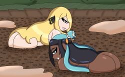 2girls ass cynthia_(pokemon) female female_only fimbulwinterfrost mud naked nessa_(pokemon) nintendo nude pokemon pokemon_ss quicksand